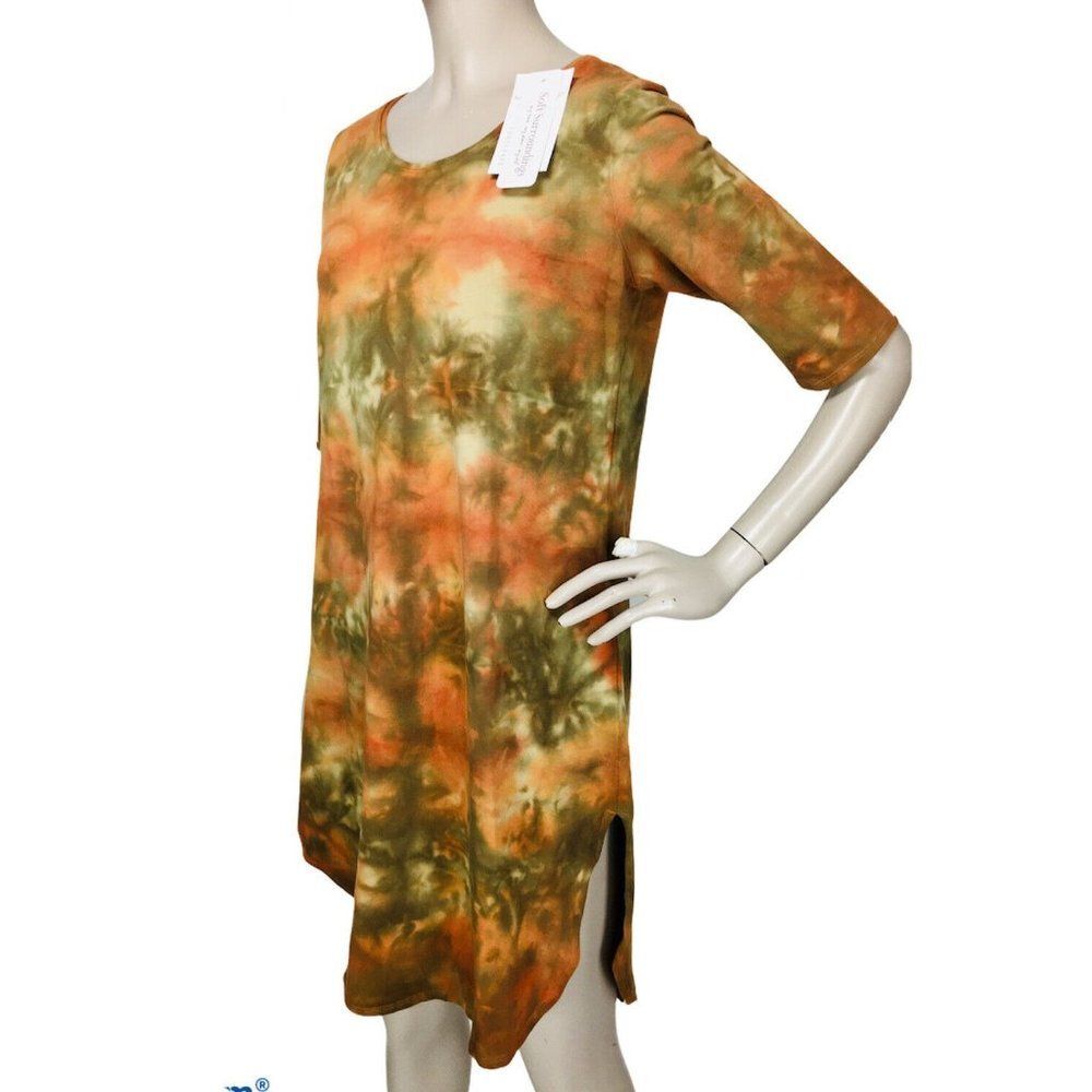 Soft Surroundings Half Sleeve Brown Orange Tie Dye Slits Tunic Dress Size XS NWT